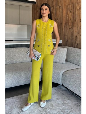 Kadın Taş Işlemeli Triko Pantolon Yelek Ikili Takım P-00018359