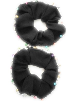 Büyük Boy Siyah Tahta Boncuk Işlemeli Lastik Toka 2 Li