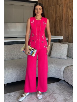 Kadın Taş Işlemeli Triko Pantolon Yelek Ikili Takım P-00018359