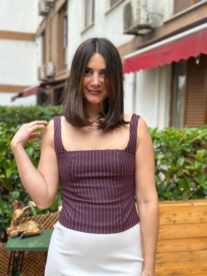 Kalın Askılı Ince Çizgili Fit Bluz