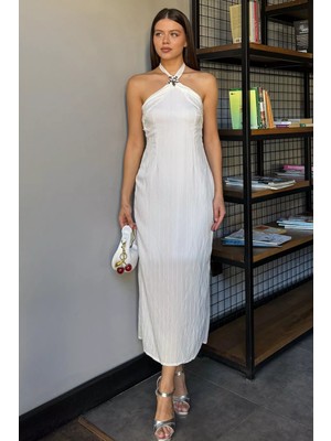 Kadın Boyun Bağlamalı Gold Aksesuar Detaylı Elbise P-00018431