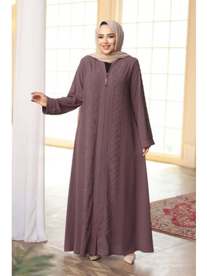 Boncuk Işlemeli Gül Kurusu Tesettür Ferace 29122GK