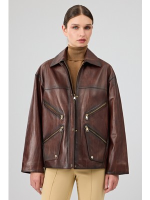 Claris Kadın Kahverengi Gömlek Yaka Oversize Deri Mont 25WGE5332NC