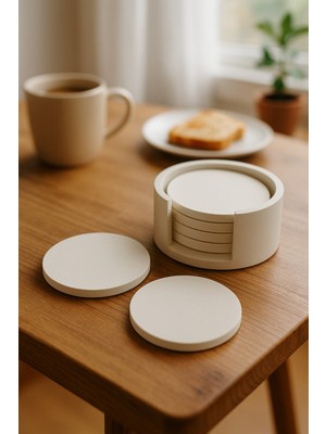 Minimalist Beton Bardak Altlığı Seti - 4’lü | Mat Beyaz | Yuvarlak Tasarım & Stand Dahil