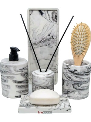 5'li Mermer Desenli Banyo Seti Tuvalet Wc Sıvı Sabunluk Diş Fırçalığı Beton Aksesuarları Takım Beyaz