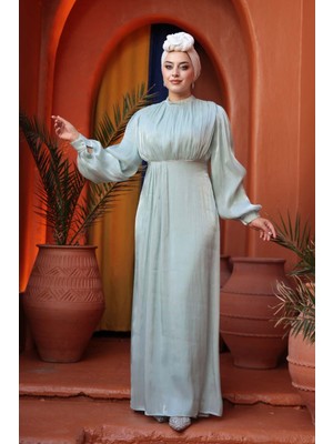 Balon Kol Mint Tesettür Abiye Elbise 62312MINT