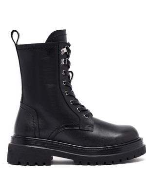 Derimod Kadın Siyah Fermuarlı Bağcıklı Kalın Tabanlı Deri Postal Bot 25WFD202118