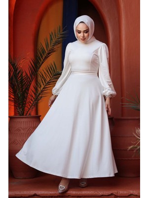 Kemerli Beyaz Tesettür Elbise 23101B