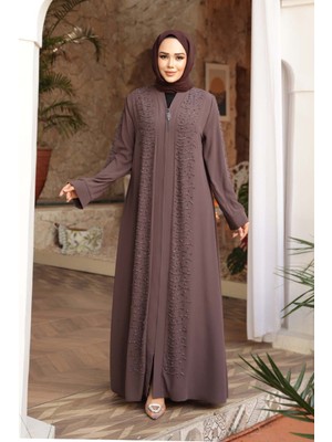 Boncuk Işlemeli Açık Kahverengi Tesettür Ferace 29127AKH