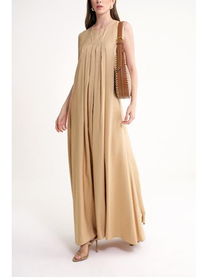 Devetüyü Pile Detaylı Bol Kesim Keten Elbise 94653