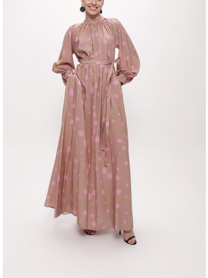 Pembe Bej Büzgülü Uzun Elbise 94290