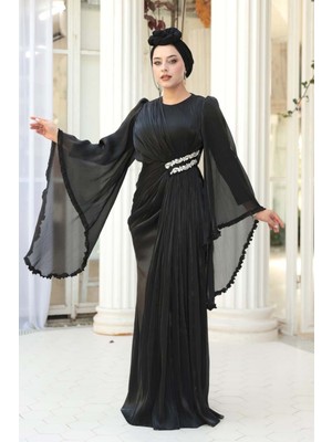 - Volan Kollu Siyah Tesettür Abiye Elbise 5322S