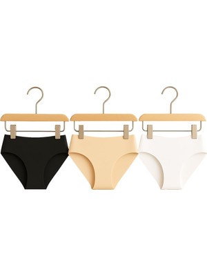 Kadın Bikini Külot 3'lü Set Dikişsiz Lazer Kesim Bel Lastikli Ten,beyaz ve Siyah Renk