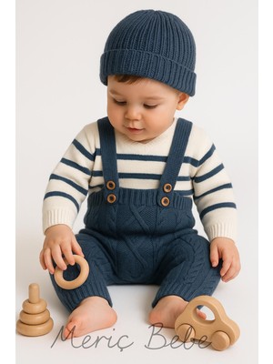 Erkek Bebek Çizgili Kazaklı Bereli Baklava Desenli Salopet Hediyelik 3lü Takım