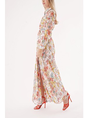 Karışık Renkler Dantel Rahat Kesim Uzun Gömlek Elbise 94512