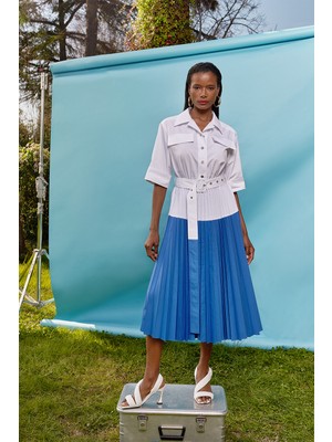 Beyaz Mavi Pilise Detaylı Poplin Elbise  93504