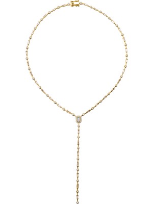 Altın Uzun Y Formunda Kristal Taş Detaylı 925 Ayar Gümüş Kolye 170