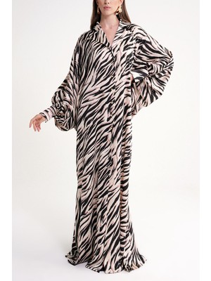 Zebra Desen Bol Kesim Dikiş ve Düğme Detaylı Uzun Elbise 94614
