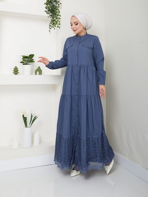Dantelli Doğal Kumaşlı Boydan Düğmeli Kot Elbise Indigo
