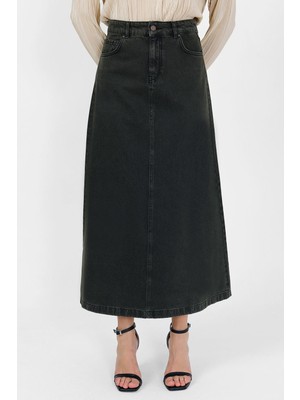 Yüksek Bel A Kesim Denim Etek Haki