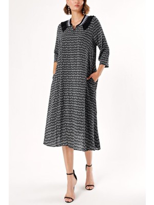 Desenli Yakası Nakışlı Elbise 93948