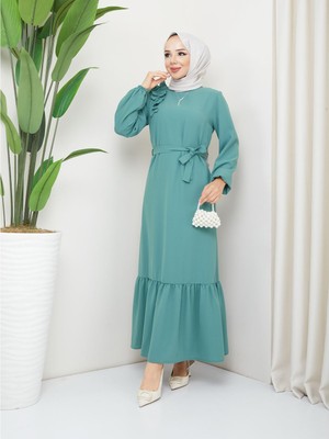 Krep Kumaş Omuz Fırfırlı Elbise Yeşil