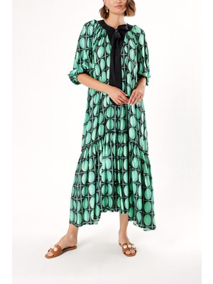 Yeşil Siyah Büzgülü Bol Kesim Elbise 93466