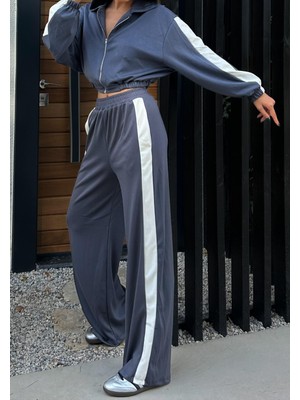 Kadın Antrasit Modal Kumaş Oversize Şeritli Pantalon 28170