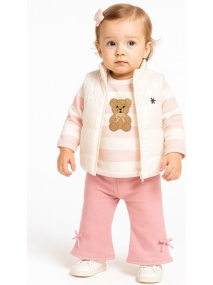 Kız Bebek 3’lü Takım Yelekli Teddy Nakışlı Sweatshirt ve Fiyonklu Pantolon Lila (9-12-18-24 Ay) 10695P