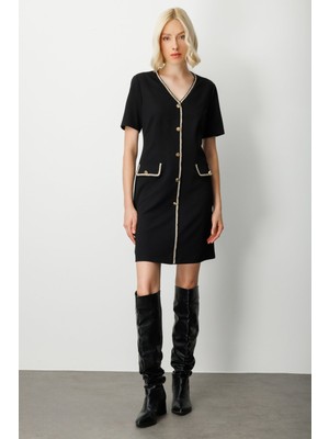 Ekol Kadın V Yaka Biyeli Midi Elbise 4021 Siyah