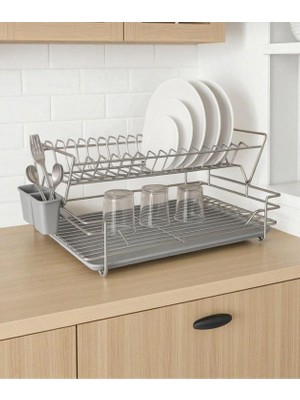 Paslanmaz 2 Katlı Tepsili Bulaşıklık - Tabaklık Organizer Krom