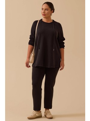 Galaxi Kadın Büyük Beden Bağcıklı Basic Sweatshirt 4002 Siyah