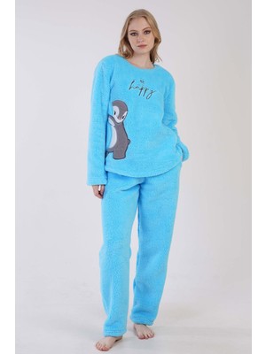 Kadın Turkuaz Renk Welsoft Kumaş Bisiklet Yaka Uzun Kollu Pijama Takımı C6T5N0603