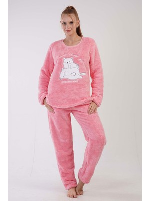 Kadın Pembe Renk Welsoft Kumaş Bisiklet Yaka Uzun Kollu Pijama Takımı C8T5N0603