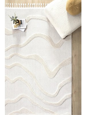 Krem Modern Dokuma Halı Püsküllü Yolluk Antre Oturma Odası Salon Mutfak Çocuk Odası Halısı