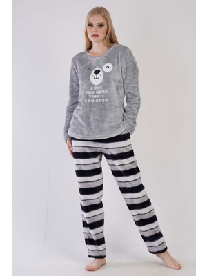 Kadın Gri Renk Welsoft Uzun Kollu Bisiklet Yaka Düz Paça Pijama Takımı C0T8N0403