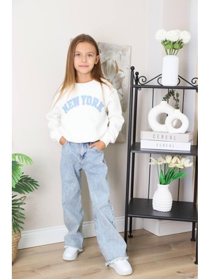 Kız Çocuk Mavi Jean Kotlu Pantolonlu Takım