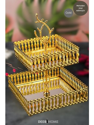 Iki Katlı Altın Kaplama Kare Kurabiye ve Ikramlık Sunumluk Seti