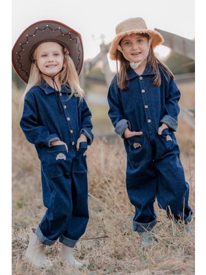 Kruvasan Nakışlı Kot Tulum Unisex Lacivert