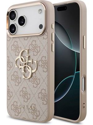 iPhone 17 Pro Max Kılıf Lisanslı Gold Metal Kamera Çerçeveli Metal Büyük 4g Yazı Logolu Pembe