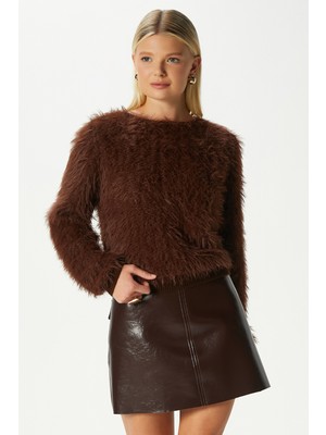 Kadın Matcha Yumuşak Sakallı Kayık Yaka Kahverengi Triko Kazak