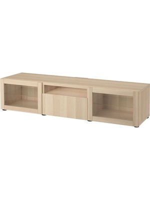 Tv Sehpası, Ağartılmış Meşe Görünümlü-Beyaz Meşe Görünümlü-Şeffaf Cam, 180X42X39 Cm, Lappvıken/sındvık, Çıt Çıt Raylı