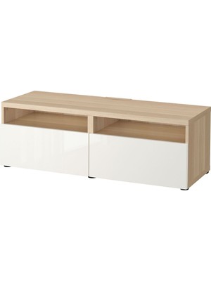 Tv Sehpası, Ağartılmış Meşe Görünümlü-Parlak Cila-Beyaz, 120X42X39 Cm, Selsvıken, Fren Raylı