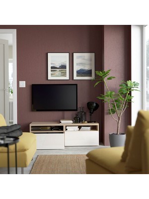 Tv Sehpası, Ağartılmış Meşe Görünümlü-Parlak Cila-Beyaz, 120X42X39 Cm, Selsvıken, Çıt Çıt Raylı