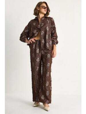 Shade Kadın Oversize Gömlek Beli Lastikli Pantolon Saçaklı Dokuma Alt-Üst Takım