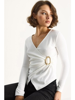 Shade  Kadın Kruvaze Yaka Gold Toka Detaylı Uzun Kollu Bluz