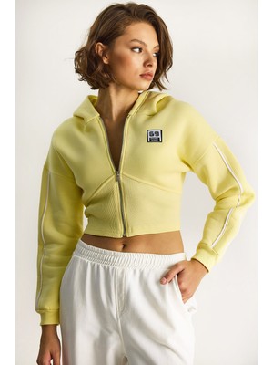 Shade Kadın Kapüşonlu Fermuarlı Korse Detaylı Şardonlu Crop Hırka