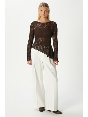 Angel Asimetrik Kahverengi Uzun Kollu Dantel Top / Bluz