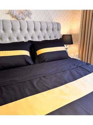 Siyah Altın Şeritli Pamuk-Saten Yastık Kılıfı