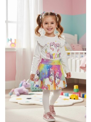 Unicorn Desenli Renkli Kız Çocuk Etekli Takım